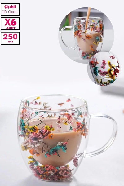 Rosemor 6'lı Çift Cidarlı Çiçekli Bardak Kahve Çay  250ml  Bardağı El Yapımı Kulplu Borosilikat Cam Bardağı