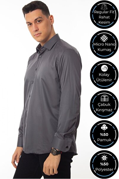 Dicotto Koyu Gri Regular Fit Klasik Kesim Micro Kumaş Kol Düğmeli Erkek Gömlek - 190-7