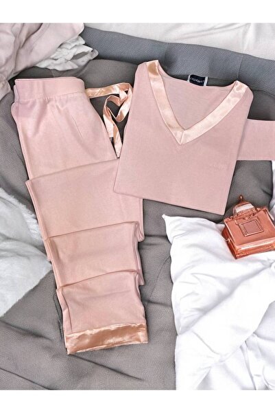 Edam İç Giyim V Yaka Somon Saten Detaylı Kışlık Pijama Takım