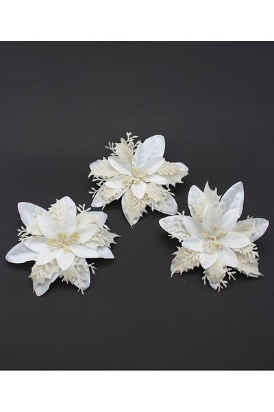 Lora Wedding 14cm 3 Pieces White-Cream Color Christmas Flower with Bright Appearance and Glitter Covered