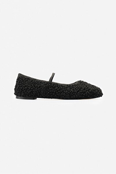 NİŞANTAŞI SHOES Karmin Black Plush Rubber Detail Damen-Ballerinas mit flacher Sohle