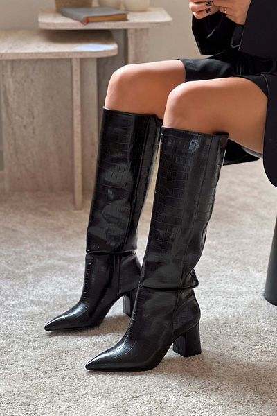 NİŞANTAŞI SHOES Черни шарени дамски ботуши на ток с остри пръсти
