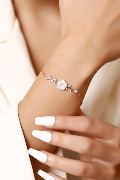 SARIASLAN Pembe Altın Renginde Kadın Manolya Çiçeği Gümüş Bileklik 925 Ayar