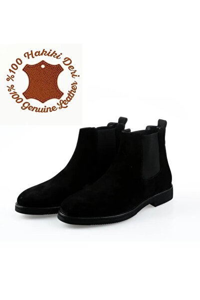 Fancy Hakiki Deri Süet Siyah Erkek Chelsea Bot
