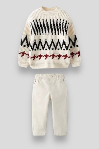 Magu Boy's Winter Knitwear Patterned Sweatshirt Trousers Top and Bottom Set