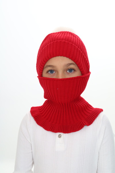 Sevimli Girl's Beret Neck Collar Suit Thessaloniki Braided 4-10 Years Old Single Pompom