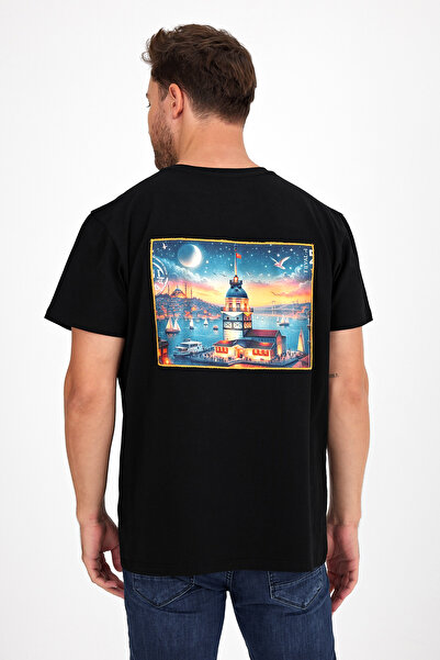 Butikgiz Ανδρικό σχέδιο Intelligence - Προσαρμοσμένο εμπριμέ, 100% βαμβάκι, απλικέ στην πλάτη, T-shirt Regular Fit (Girls Tower)