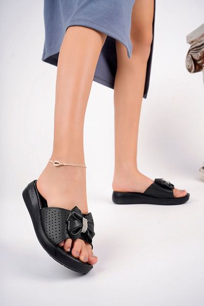 epaavm Wedge Heel Stoned Bow Black Slippers