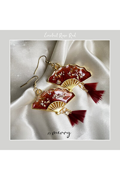 by Merry Çin Tarzı Yelpaze Küpe, Yelpaze Küpe, Reçine Küpe, Tüylü Küpe, Asya Tarzı Küpe, Kırmızı Yelpaze Küpe