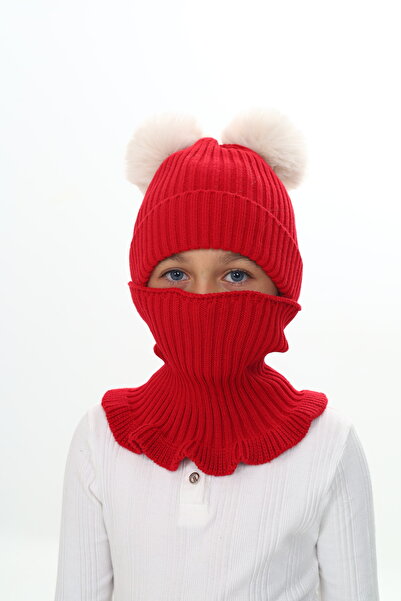 Sevimli Kız Çocuk Bere Boyunluk Takım Çift Ponponlu 4-10 Yaş