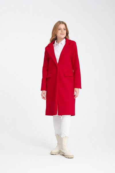 ZERTEX Red Long Women's Stamp Coat - Shoulder Padding, Pocket Fleet and Lined Cut