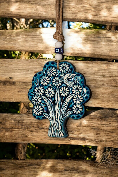 Revard Home Nazar Boncuklu Seramik Meyve Ağacı Ve Kuş Desenli Mavi Beyaz Dekoratifli Çok Amaçlı Süs Eşya 16X20CM