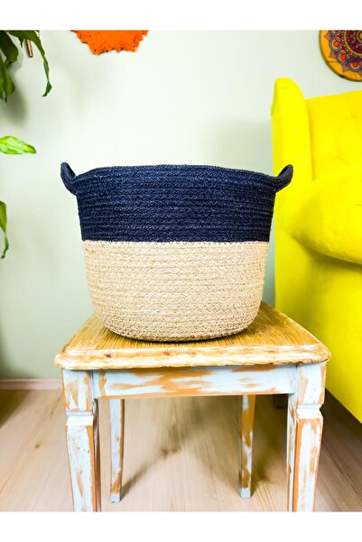 BİTKİ TASARIMI سلة محبوكة طبيعية مخططة باللون الأسود - منظم تصميم نباتي، مقبض...