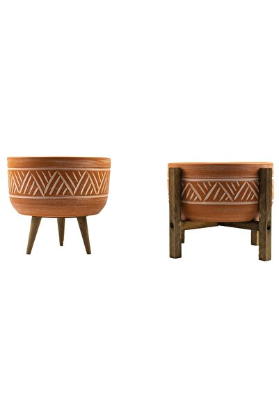 BİTKİ TASARIMI Terakota Hitit Desenli Toprak Aranjman ve Bonzai Saksı 3 ve 4 Ayaklı İkili Set