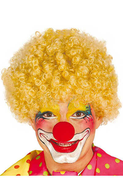 Marsilyan Yellow Color Curly Afro Bonus Wig Fake Hair and Red Nose Set (4940)