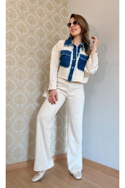 Fidan Cream Colored Women's Shirt and Trousers Set - Denim Detail