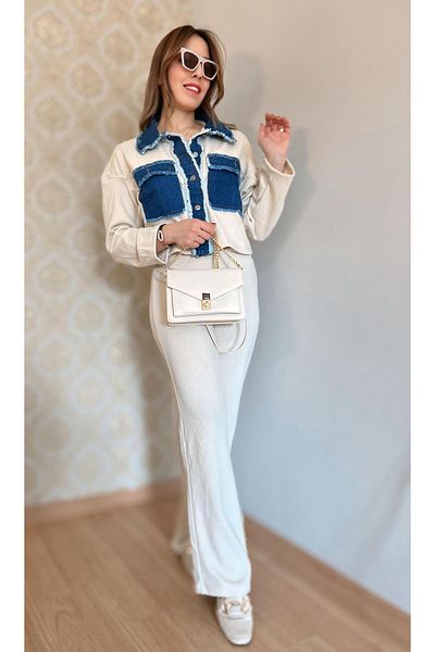 Fidan Cream Colored Women's Shirt and Trousers Set - Denim Detail