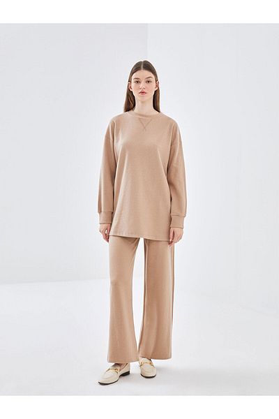 LC Waikiki Lcw Modest Brown Crew Neck Textured Women's Tunic