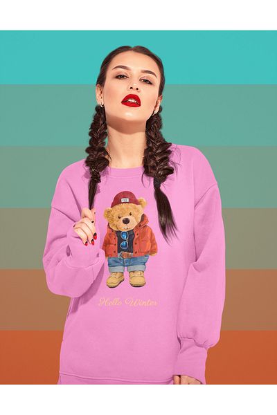 SUNFREE سويت شيرت مطبوع عليه Hello Winter Teddy Bear للجنسين
