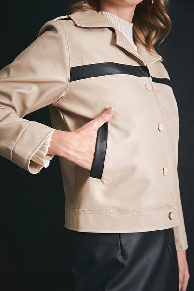 Fulla Moda Basic Stripe Detailed Shirt Collar Faux Leather Coat