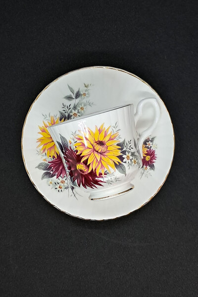 ABBETC Royal Stafford Bone China Chrysanthemum Floral Vintage Double Coffee Cup 2 Pieces