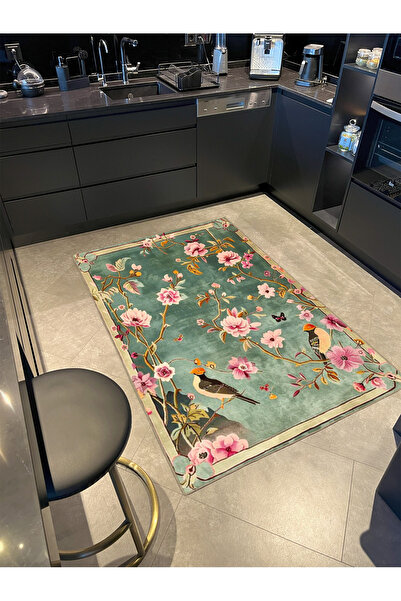 Rugs Modern Halı Paris Koleksiyonu Mavi Temalı Pembe Şeftali Çiçekleri ve Kuş Desenli Modern Dekoratif Halı 148