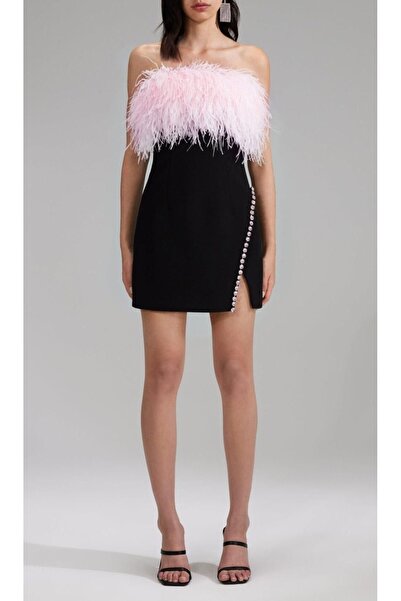 Elia Pembe Otriş Detaylı Straplez Siyah Mini Şık Parti Elbise