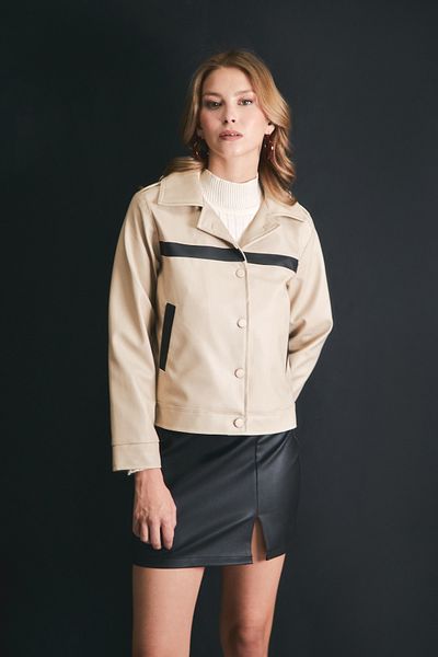 Fulla Moda Basic Stripe Detailed Shirt Collar Faux Leather Coat