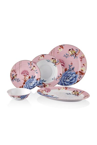 LAMEDORE Floral Pink Porselen 27 Parça 6 Kişilik Yemek Takımı Kayık Tabaklı