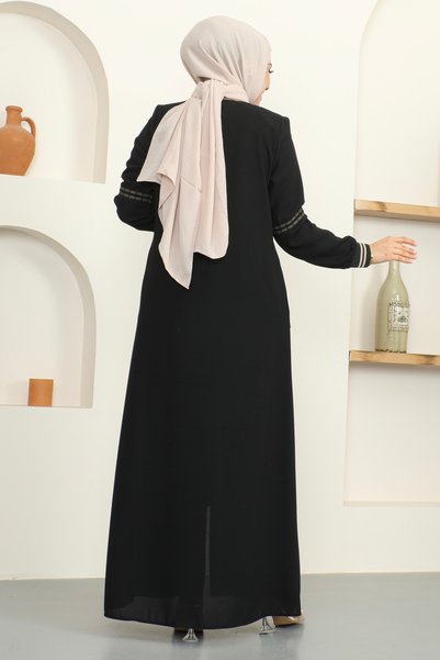 Moda Neva Nakışlı Ribanalı Tesettür Ferace - Siyah