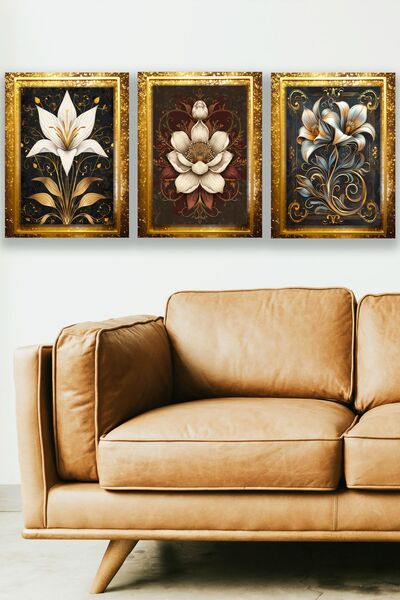 Nod Gold Glitter Flower Series Painting Set, Black Gold Patterned Flower Painting, Decorative Wall Ornament