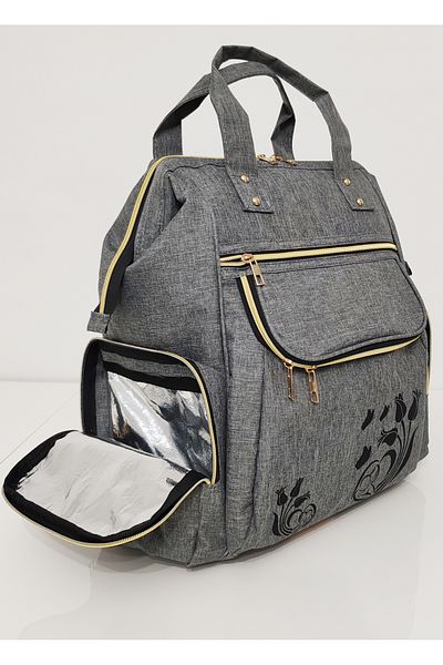 USF Luxury Mother Baby Care Bag - Backpack with Tulip Pattern, Gray