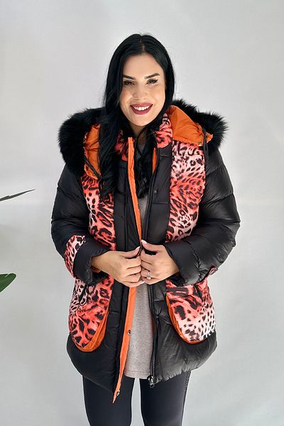 GÖKSEL Orange Plus Size Leopard Patterned Coat