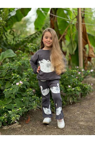anonim Girl's Swan Patterned Sweatshirt and Tights Set