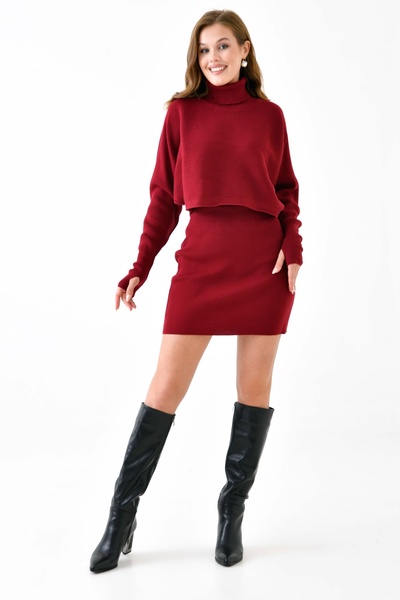 vuvutasarım Turtleneck Claret Red Knitwear Sweater and High Waist Claret Red Skirt Double Set - Hand Held 075