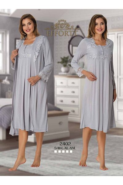 Effortt Maternity Pregnant Lace Detailed Dressing Gown Primum 2-Piece Nightgown Set