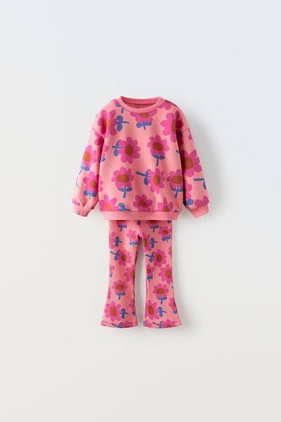 Magu Girl's Pink Flower Patterned Winter 3 Thread Cotton Sweatshirt Tights Top and Bottom Set