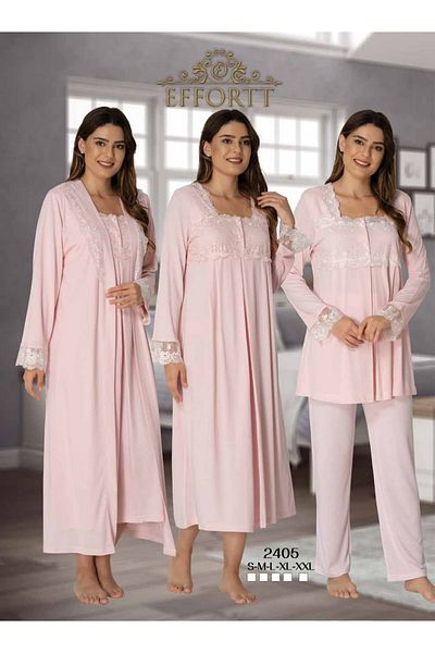 Effortt Maternity Pregnant Lace Detailed Dressing Gown Primum 4-Piece Night Pajamas Set