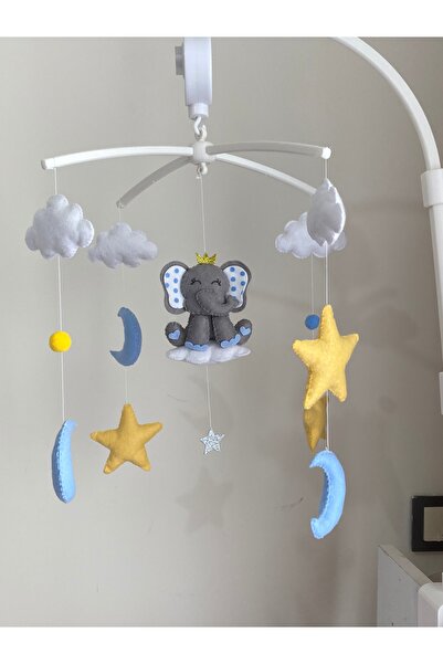 SefDen Lazer Kesim Atölyesi (Müzik - Aparat Dahil)Gri fil figürlü mavi sarı el yapımı erkek bebek beşik dönencesi