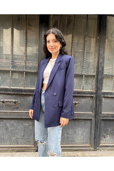 deqfashion Kadın Lacivert Kruvaze Düğme Detaylı Oversize Blazer Ceket