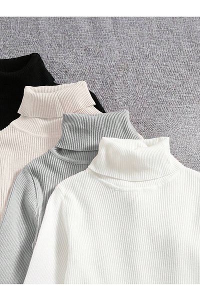 JAKARLI Pachet de 4 unisex, negru, alb, bej, gri, bumbac, pulover slimfit cu gât