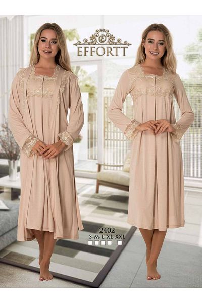 Effortt Maternity Pregnant Lace Detailed Dressing Gown Primum 2-Piece Nightgown Set