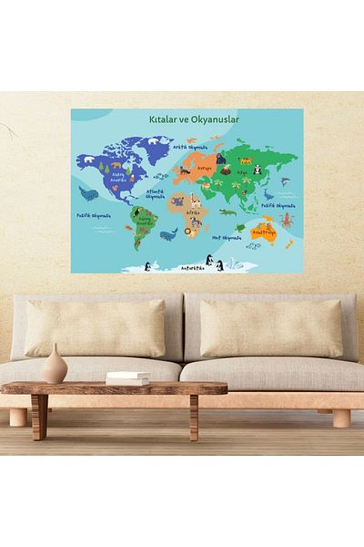 Doğal Tercih Educational Tutorial World Atlas Map Continents and Oceans Detailed Wall Sticker 70 X 100 cm