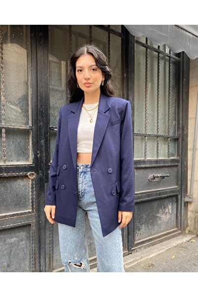 deqfashion Kadın Lacivert Kruvaze Düğme Detaylı Oversize Blazer Ceket