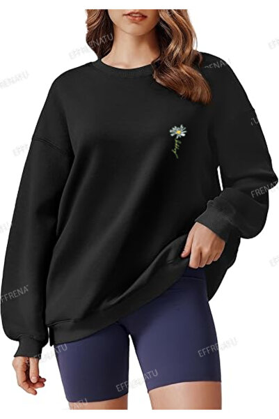 EFFRENATU Women's Crew Neck Basic Oversize Black Sweatshirt