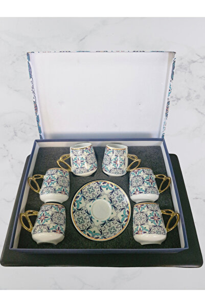 Selbu Etnik-Çini Desenli Altın Detaylı 6'lı Porselen Kahve Fincan Takımı