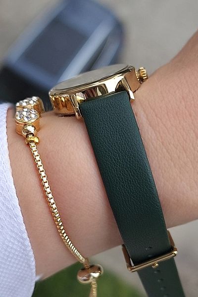 Daniel Klein Green Leather and Zircon Stone Oval Case Women's Wristwatch - Gold Yellow Gift