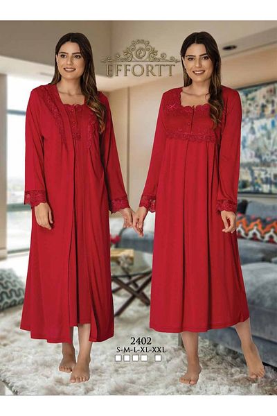 Effortt Maternity Pregnant Lace Detailed Dressing Gown Primum 2-Piece Nightgown Set