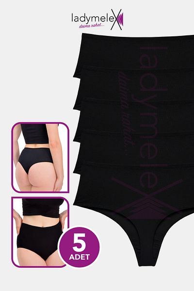 LadyMelex Tanga de damă cu talie înaltă - bumbac, negru, (M-L-XL) 5 bucăți