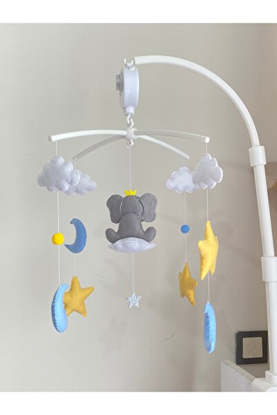 SefDen Lazer Kesim Atölyesi (Müzik - Aparat Dahil)Gri fil figürlü mavi sarı el yapımı erkek bebek beşik dönencesi